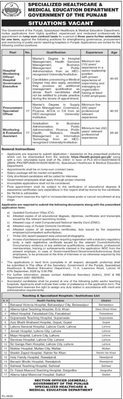 Specialized Healthcare & Medical Education Department Jobs 2026 – Specialized Healthcare & Medical Education Department, Government of the Punjab Jobs 2026 — original newspaper advertisement