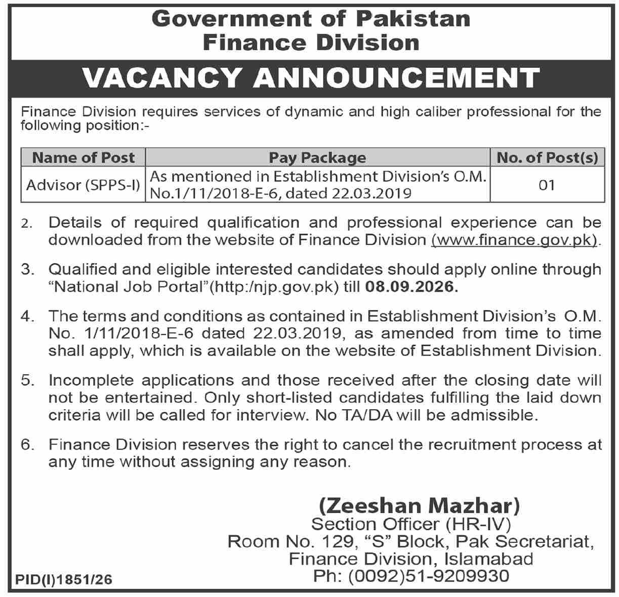 Finance Division Islamabad Jobs 2026 – Government of Pakistan, Finance Division Jobs 2026 — original newspaper advertisement