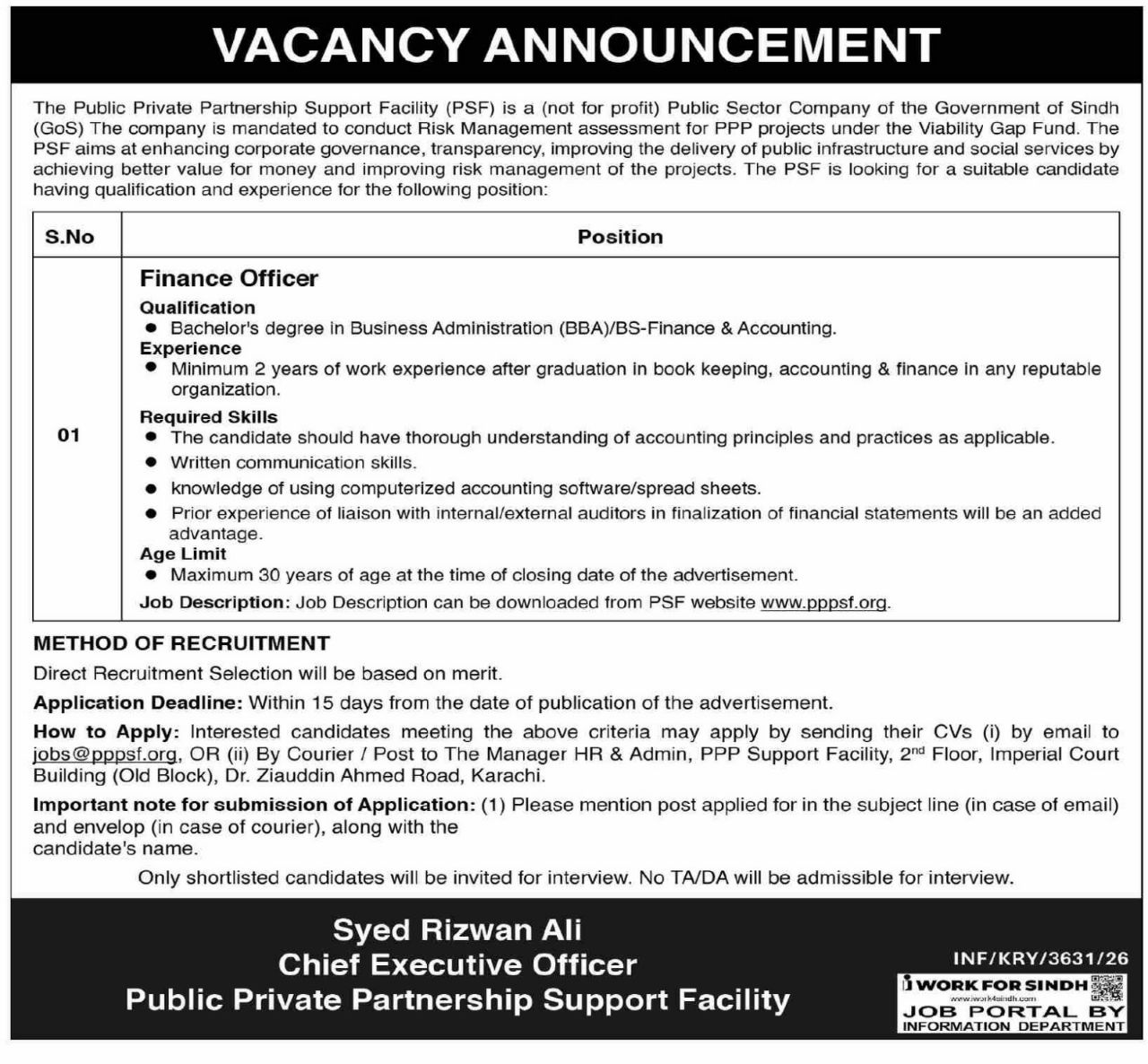 Public Private Partnership Support Facility (PSF) Jobs 2026 – Public Private Partnership Support Facility (PSF), Government of Sindh Jobs 2026 — original newspaper advertisement