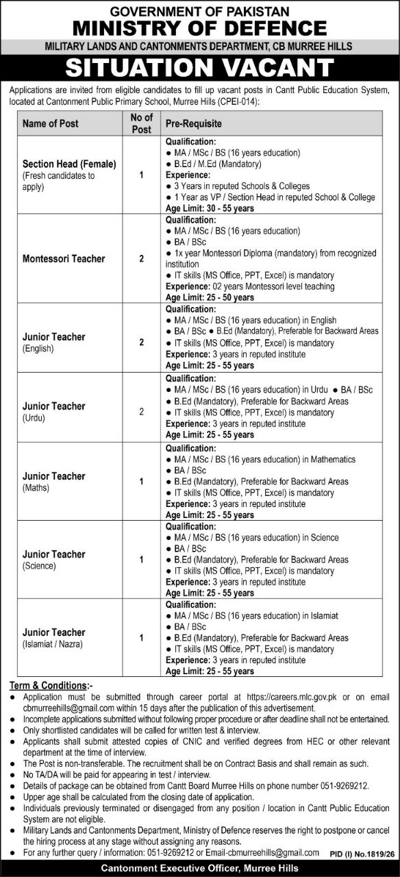Cantonment Public Education System Jobs 2026 – Government of Pakistan, Ministry of Defence, Military Lands and Cantonments Department, CB Murree Hills Jobs 2026 — original newspaper advertisement