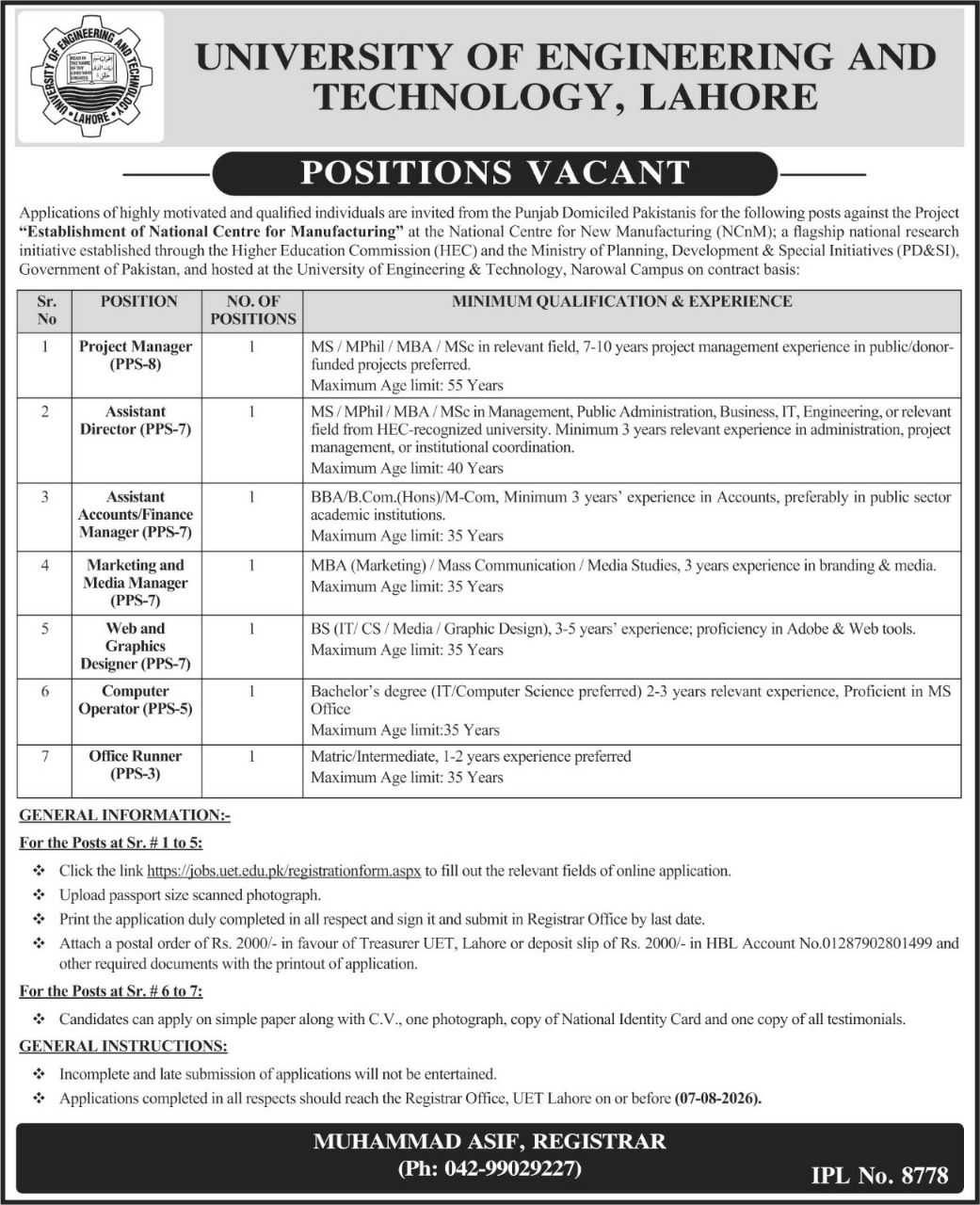 University of Engineering and Technology, Lahore Jobs 2026 Jobs 2026 — original newspaper advertisement