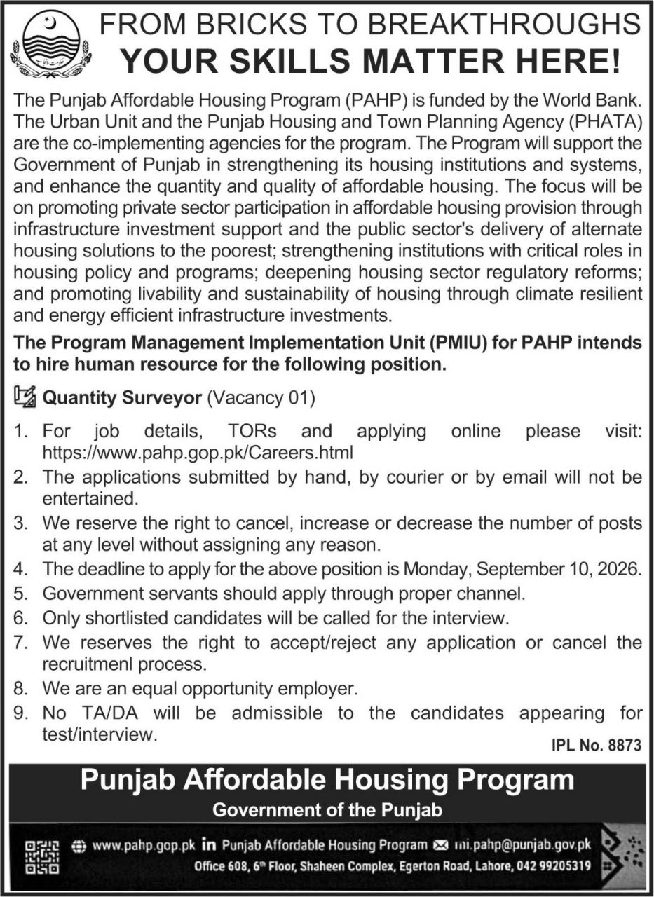 Punjab Affordable Housing Program (PAHP) - Program Management Implementation Unit Jobs – Punjab Affordable Housing Program (PAHP) - Program Management Implementation Unit (PMIU), Government of the Punjab Jobs 2026 — original newspaper advertisement