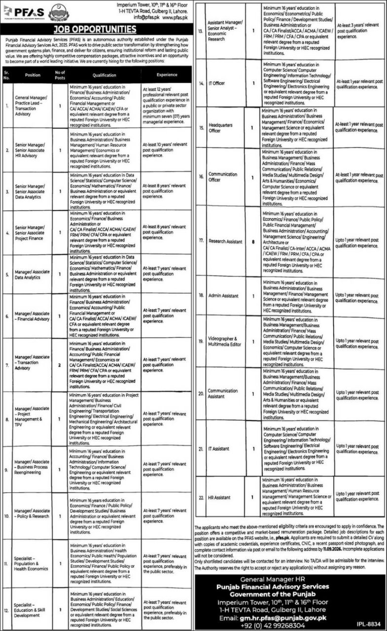 Punjab Financial Advisory Services (PFAS) Jobs 2026 – Punjab Financial Advisory Services (PFAS), Government of the Punjab Jobs 2026 — original newspaper advertisement