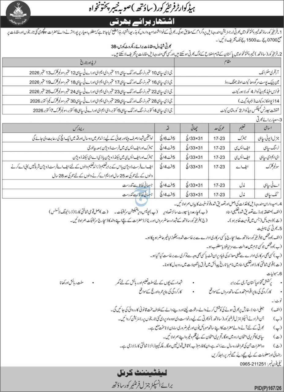 Headquarters Frontier Corps (South), Khyber Pakhtunkhwa Jobs 2026 Jobs 2026 — original newspaper advertisement