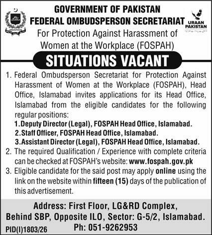 Federal Ombudsperson Secretariat Jobs 2026 – Government of Pakistan, Federal Ombudsperson Secretariat for Protection Against Harassment of Women at the Workplace (FOSPAH) Jobs 2026 — original newspaper advertisement
