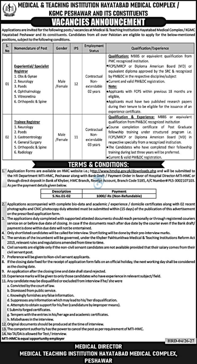 Medical & Teaching Institution Hayatabad Medical Complex / KGMC Peshawar Jobs – Medical & Teaching Institution Hayatabad Medical Complex / KGMC Peshawar and its Constituents Jobs 2026 — original newspaper advertisement
