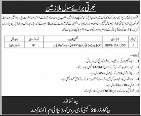 Headquarters 20 Army Service Corps (Supply Depot), Cantonement Jobs Jobs 2026 — original newspaper advertisement