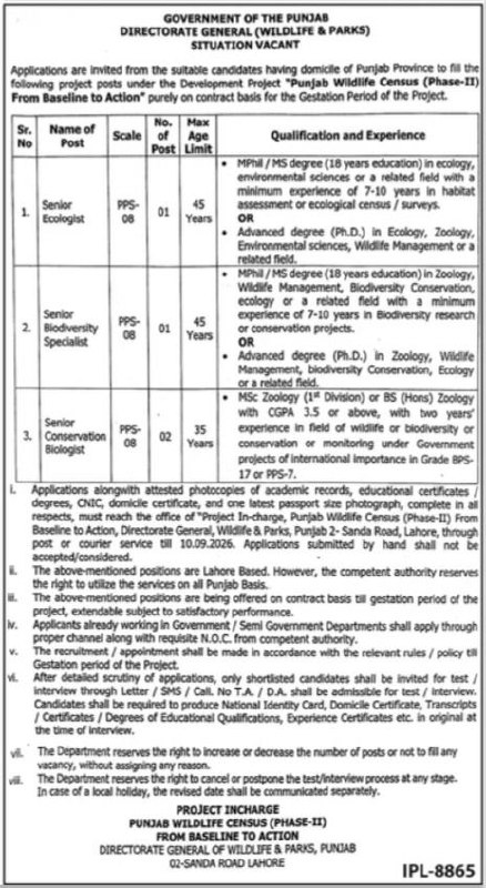 Punjab Wildlife Parks Jobs 2026 – Government of the Punjab, Directorate General (Wildlife & Parks) Jobs 2026 — original newspaper advertisement
