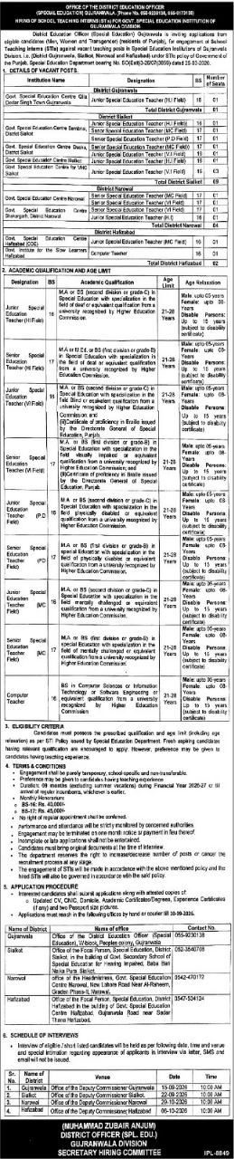 Special Education Department, Gujranwala Division Jobs 2026 – Office of the District Education Officer (Special Education), Gujranwala Division Jobs 2026 — original newspaper advertisement