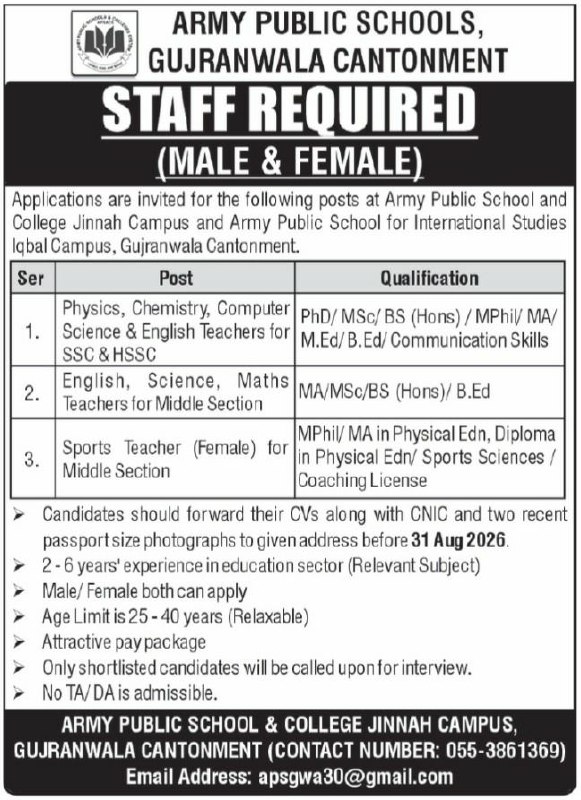 Army Public Schools, Gujranwala Cantonment Jobs 2026 – Army Public Schools, Gujranwala Cantonment (Army Public School and College Jinnah Campus & Army Public School for International Studies Iqbal Campus) Jobs 2026 — original newspaper advertisement
