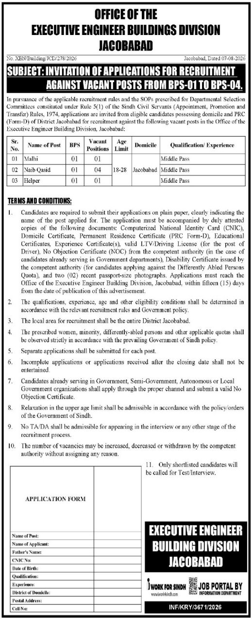 Office of the Executive Engineer Buildings Division Jacobabad Jobs 2026 Jobs 2026 — original newspaper advertisement