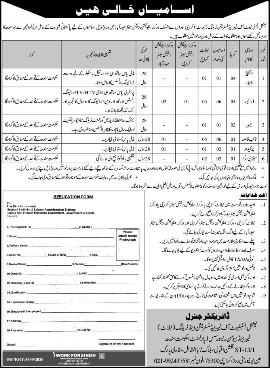 National Institute of Labour Administration Training Jobs 2026 – National Institute of Labour Administration Training (Talat), Labour and Human Resource Department, Government of Sindh Jobs 2026 — original newspaper advertisement