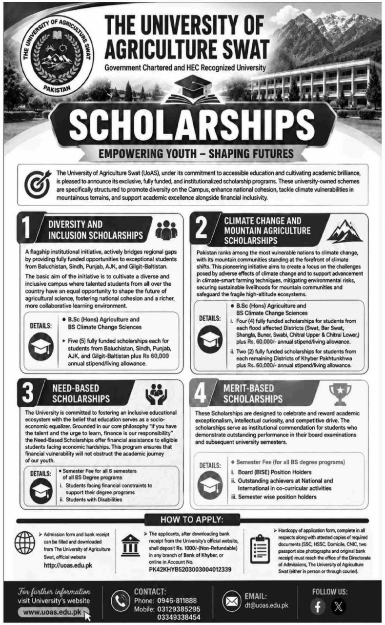 Scholarships – Empowering Youth, Shaping Futures – The University of Agriculture Swat (UoAS) Scholarships 2026 — original newspaper advertisement