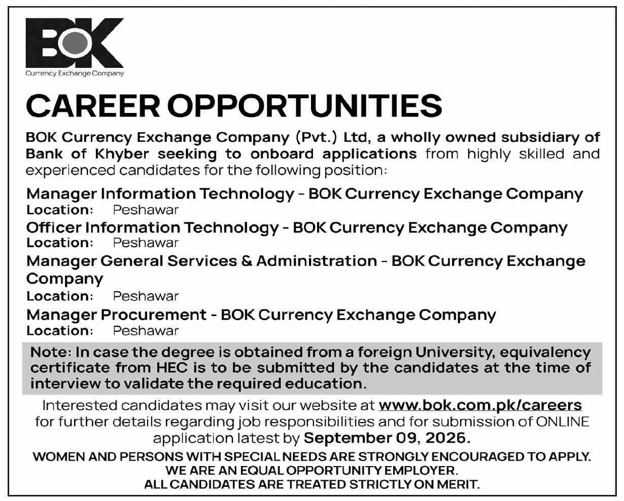 BOK Currency Exchange Company (Pvt.) Ltd (a wholly owned subsidiary of Bank of Khyber) Jobs Jobs 2026 — original newspaper advertisement