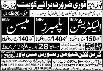 Electrician And Plumbers Jobs in Kuwait – Green Line Human Resource Main Power Jobs 2026 — original newspaper advertisement