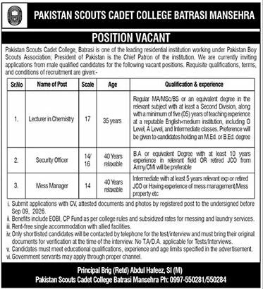 Pakistan Scouts Cadet College Batrasi Mansehra Jobs Jobs 2026 — original newspaper advertisement