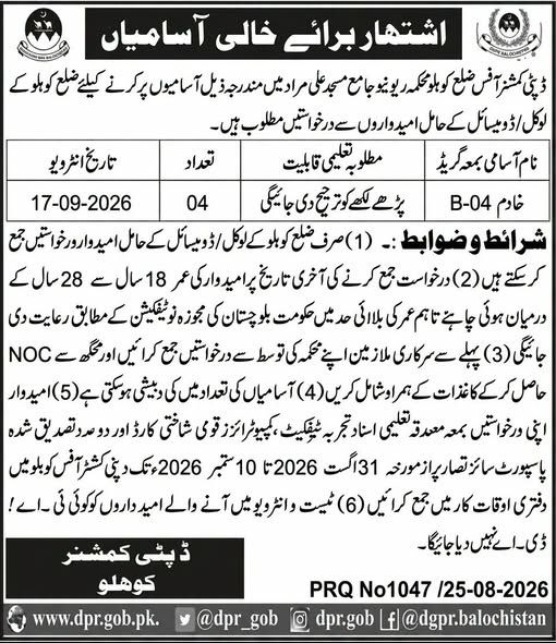 Deputy Commissioner's Office, Kohlu District, Balochistan Jobs – Deputy Commissioner's Office, Kohlu District, Balochistan (Jama Masjid Ali Murad Revenue) Jobs 2026 — original newspaper advertisement