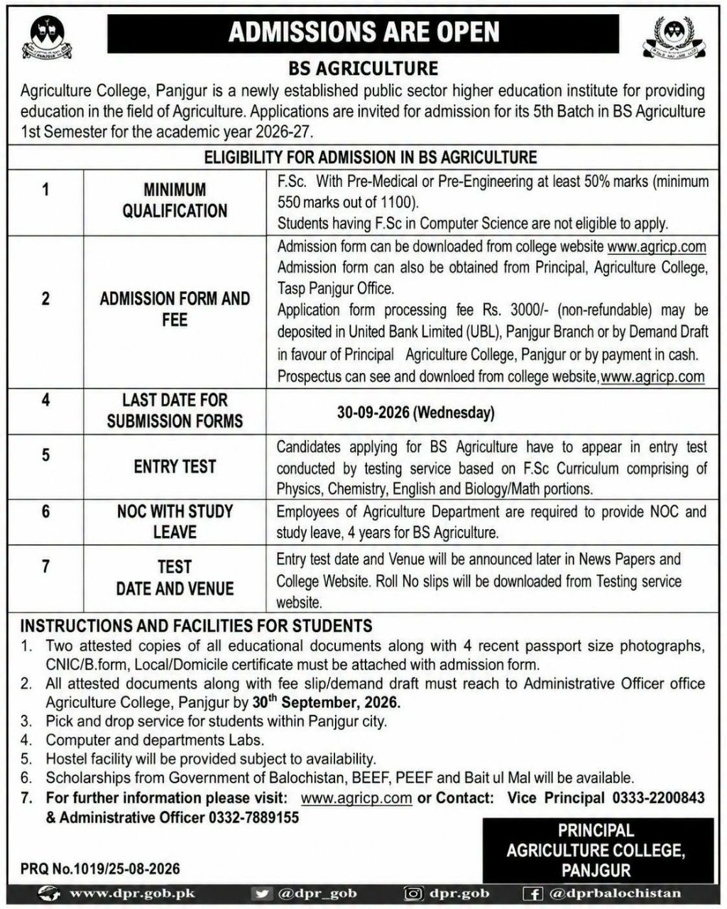 Admissions Are Open – BS Agriculture (5th Batch, 1st Semester, Academic Year 2026-27) – Agriculture College, Panjgur Admissions 2026 — original newspaper advertisement