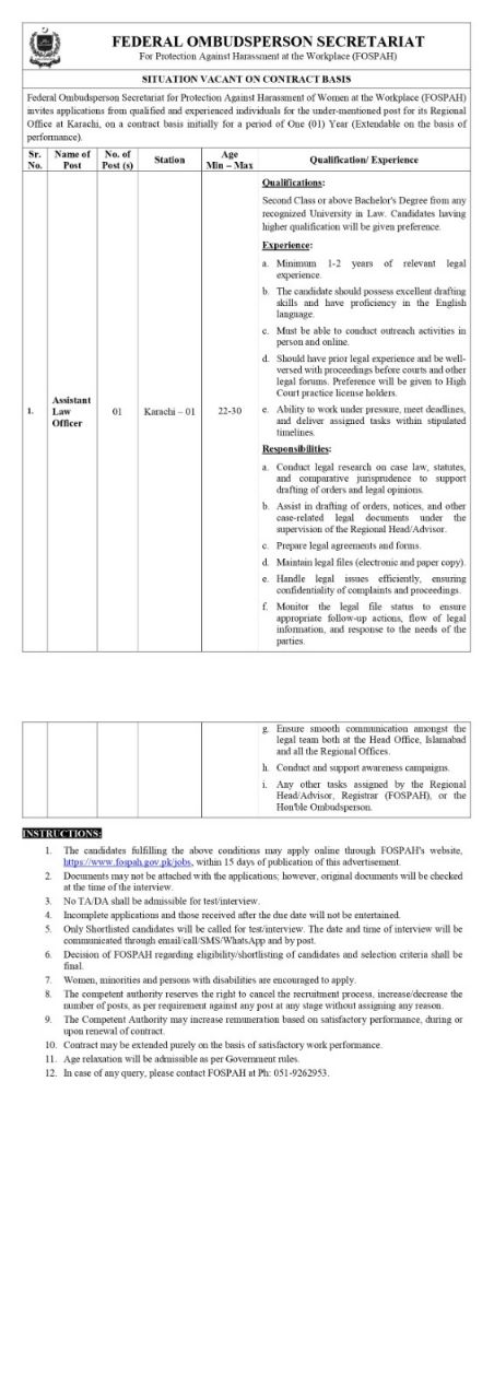 Federal Ombudsperson Secretariat Jobs 2026 – Federal Ombudsperson Secretariat for Protection Against Harassment of Women at the Workplace (FOSPAH) Jobs 2026 — original newspaper advertisement
