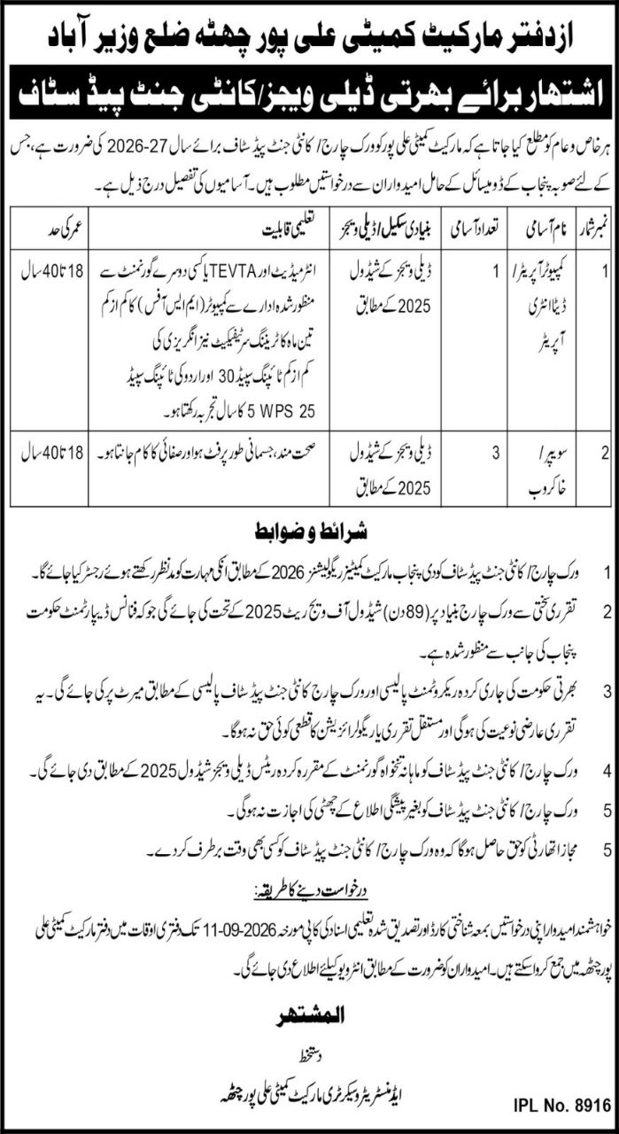 Office of Market Committee Ali Pur, Chatha District, Wazirabad Jobs 2026 Jobs 2026 — original newspaper advertisement