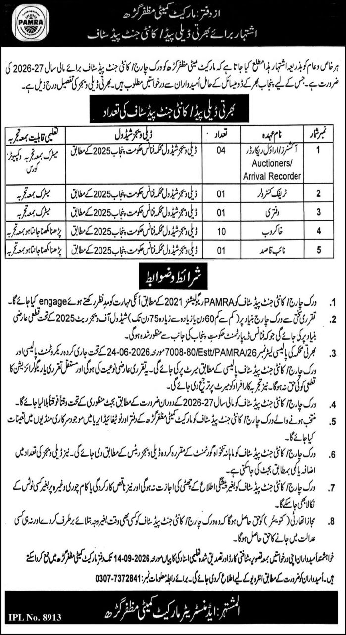 Market Committee Muzaffargarh (PAMRA) Jobs 2026 Jobs 2026 — original newspaper advertisement