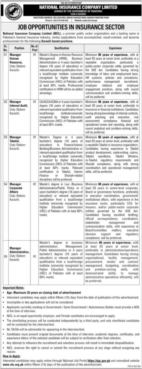 National Insurance Company Limited Jobs 2026 – National Insurance Company Limited (NICL), Owned by the Government of Pakistan, CUIN # 0041095 Jobs 2026 — original newspaper advertisement