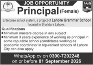 Job Opportunity - Principal (Female) – Enterprise School System, a project of Lahore Grammar School Jobs 2026 — original newspaper advertisement