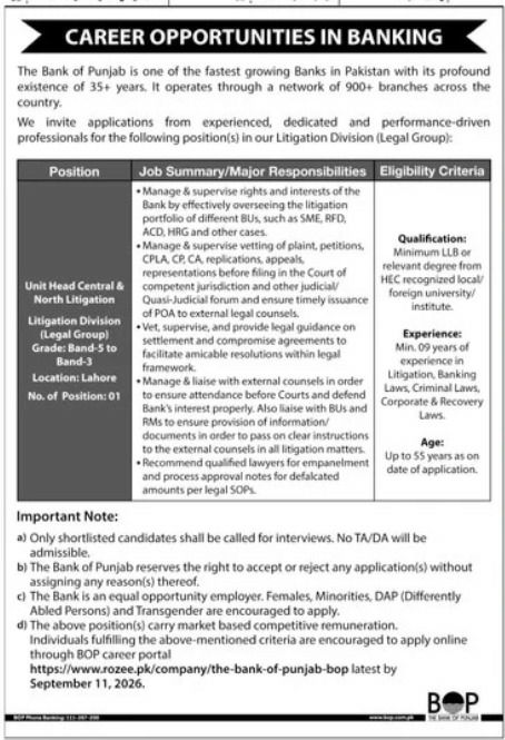 Bank of Punjab (BOP) Jobs 2026 Jobs 2026 — original newspaper advertisement