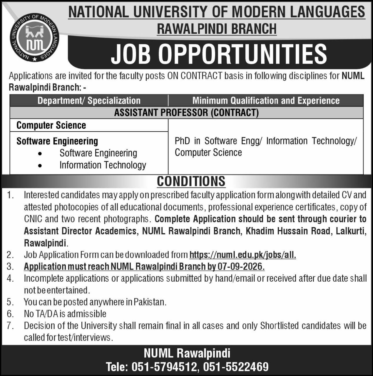 National University of Modern Languages (NUML), Rawalpindi Branch Jobs 2026 Jobs 2026 — original newspaper advertisement