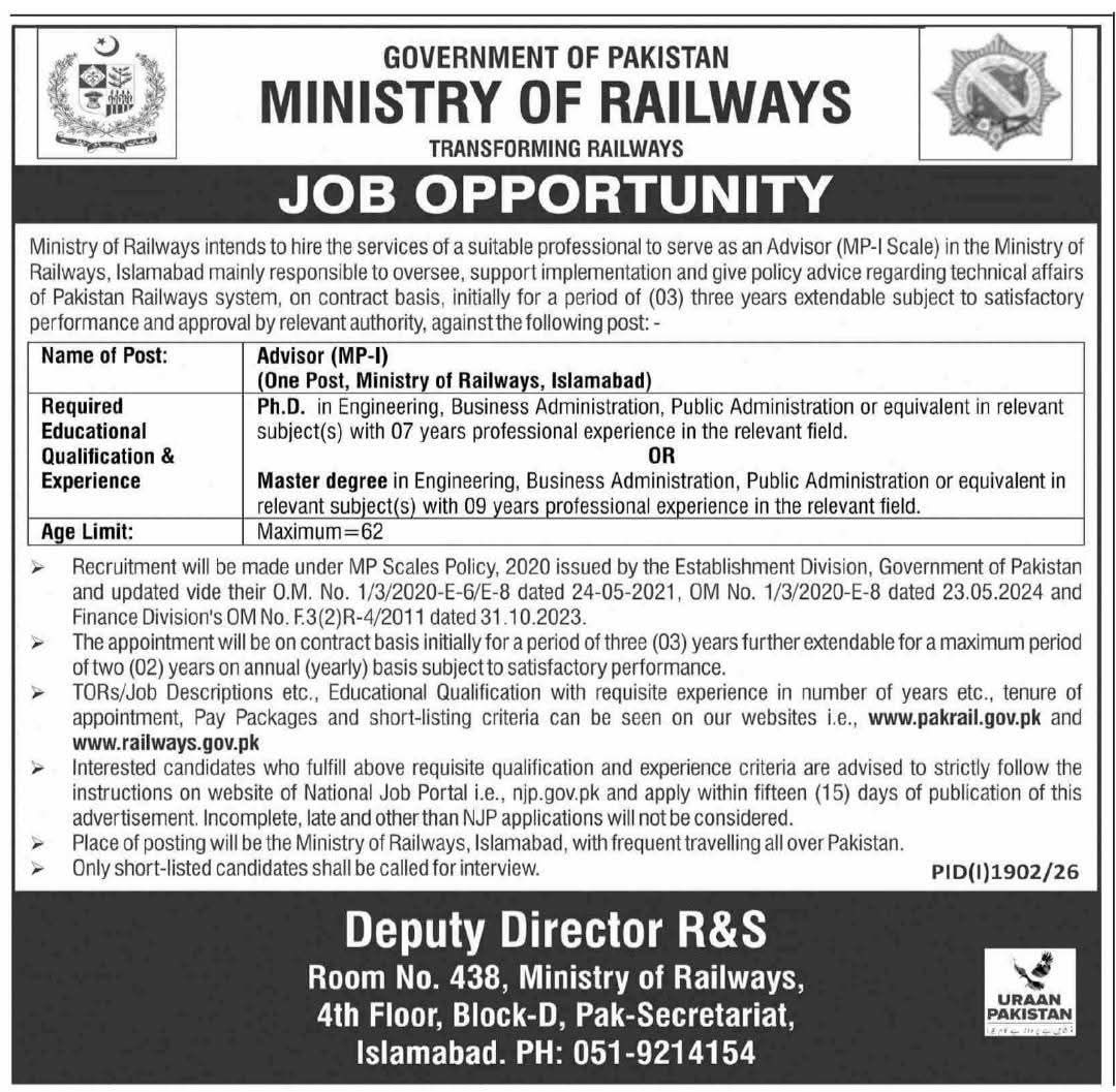 Ministry of Railways Islamabad Jobs 2026 – Government of Pakistan, Ministry of Railways Jobs 2026 — original newspaper advertisement