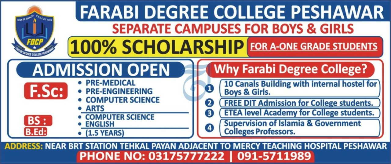 Admission Open – Farabi Degree College Peshawar Admissions 2026 — original newspaper advertisement