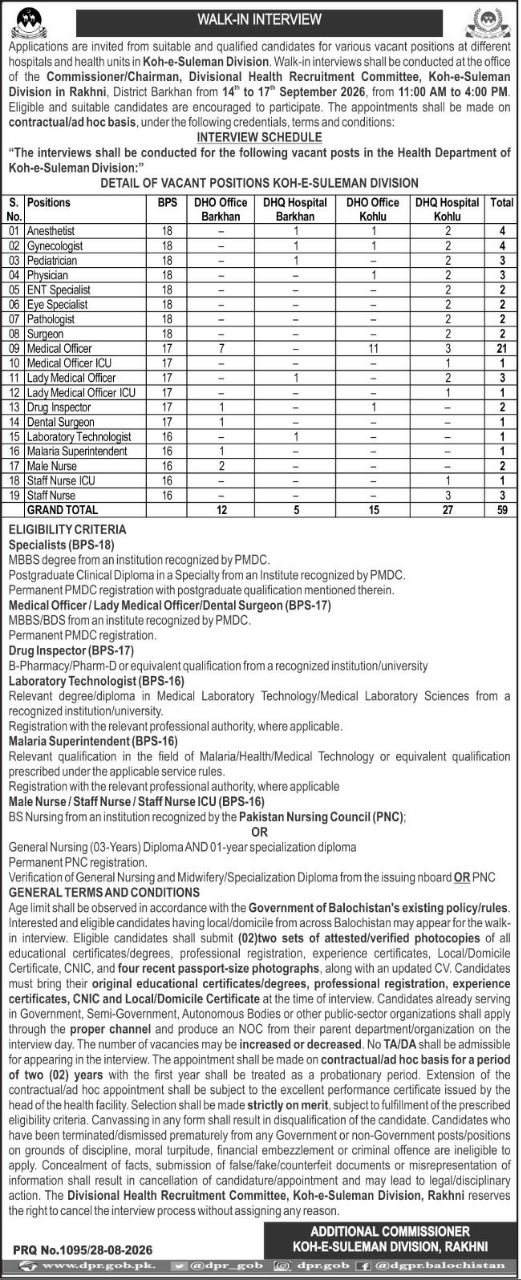 Walk-in Interview Health Department, Koh-e-Suleman Division 2026 – Divisional Health Recruitment Committee, Koh-e-Suleman Division (under the Commissioner/Chairman) Jobs 2026 — original newspaper advertisement