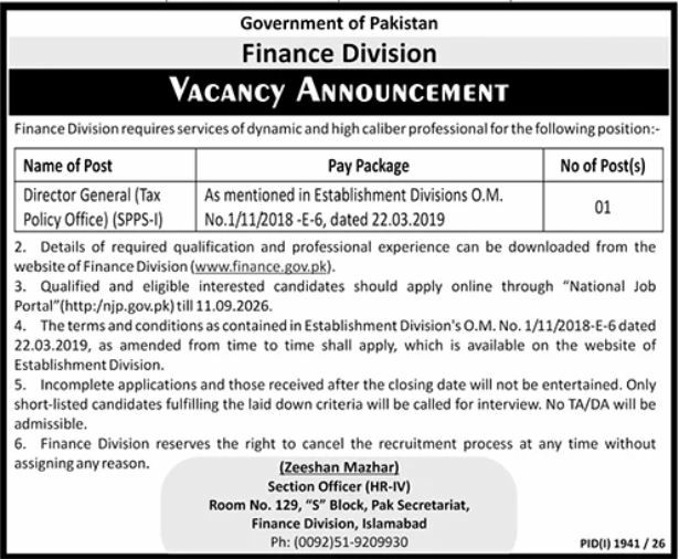 Finance Division Islamabad Jobs 2026 – Government of Pakistan, Finance Division Jobs 2026 — original newspaper advertisement