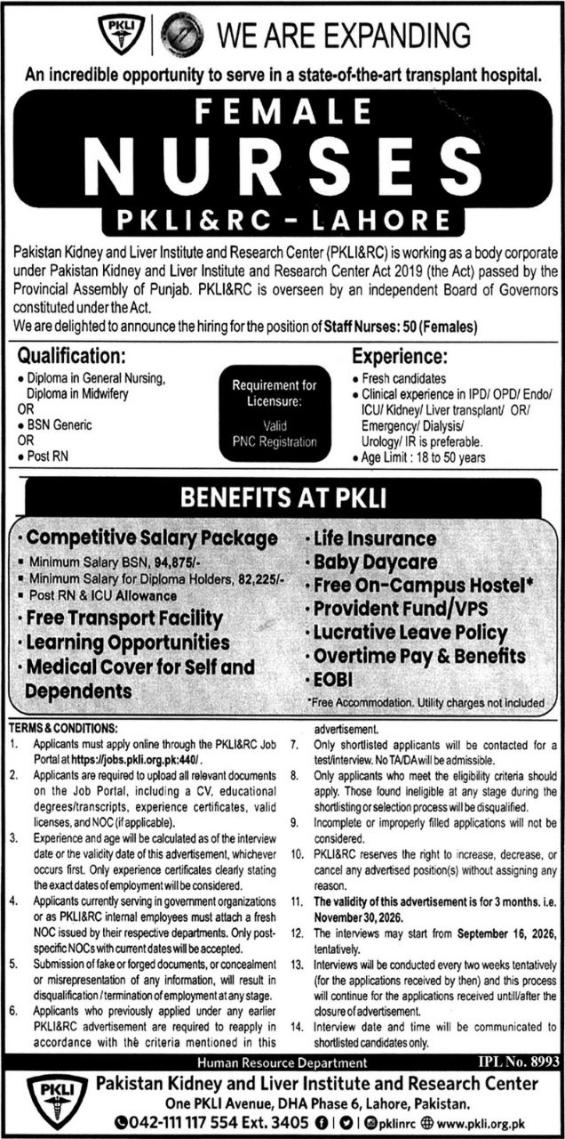 Pakistan Kidney and Liver Institute and Research Center (PKLI&RC) Jobs Jobs 2026 — original newspaper advertisement