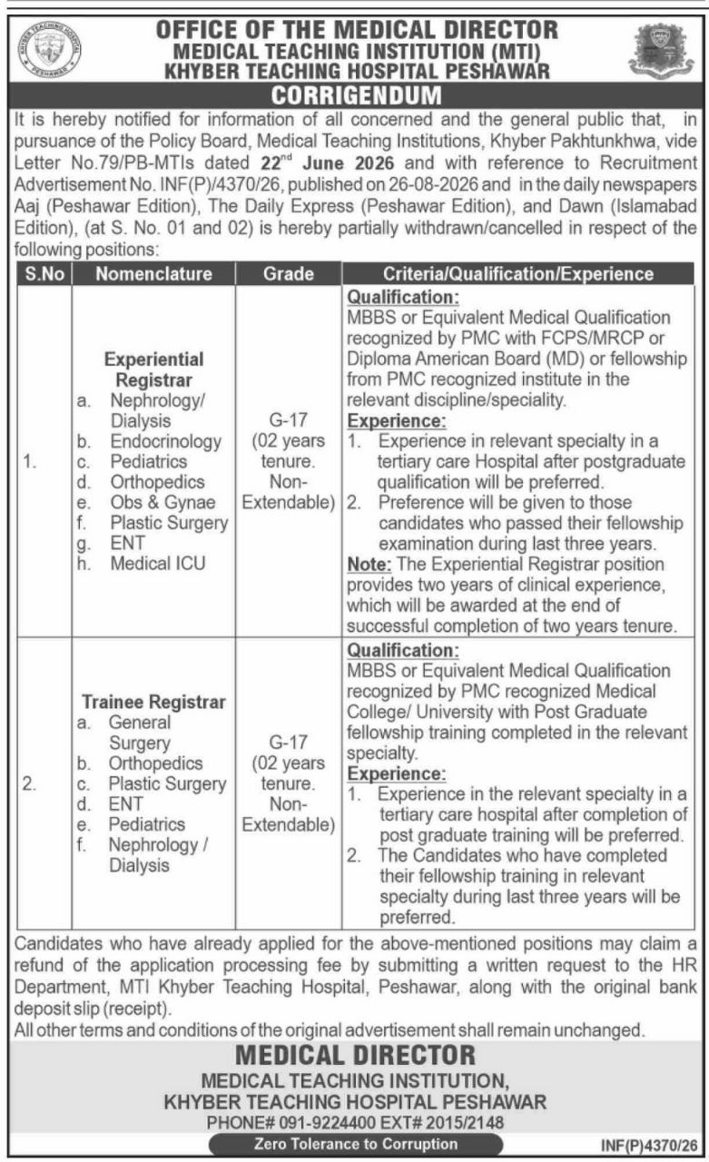 Corrigendum - Recruitment Advertisement No. INF(P)/4370/26 – Office of the Medical Director, Medical Teaching Institution (MTI), Khyber Teaching Hospital Peshawar Jobs 2026 — original newspaper advertisement
