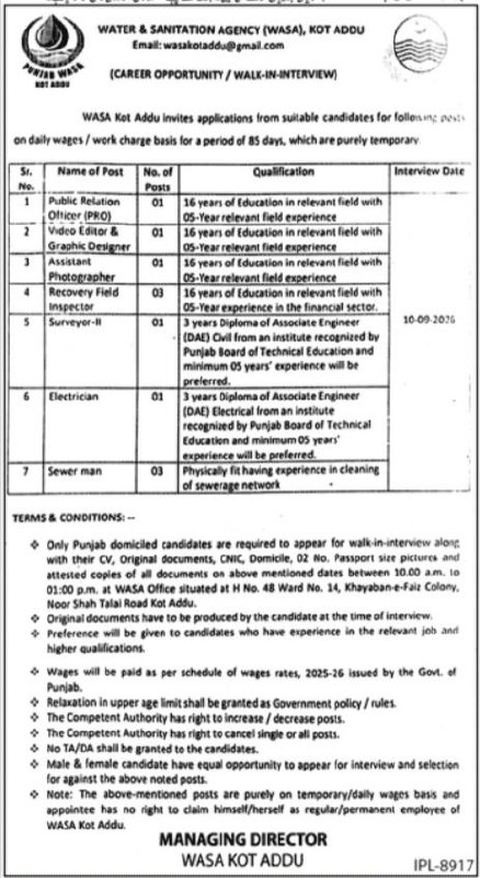 Water & Sanitation Agency (WASA), Kot Addu Jobs 2026 Jobs 2026 — original newspaper advertisement