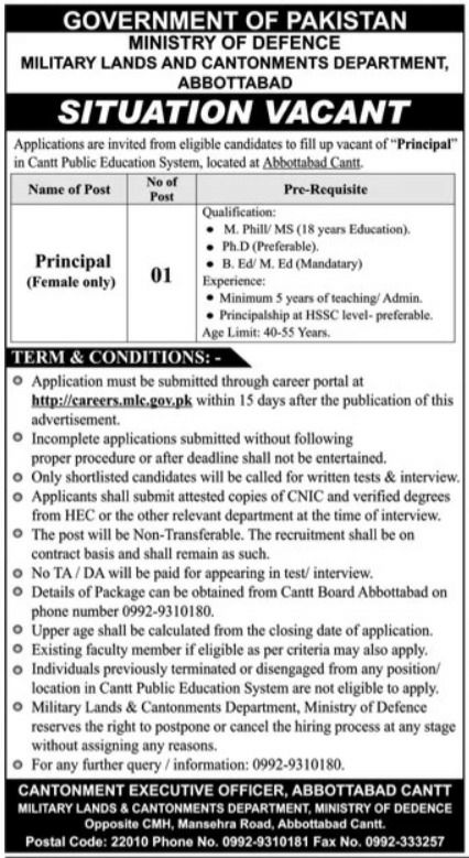 Ministry of Defence, Military Lands and Cantonments Department, Abbottabad Jobs – Government of Pakistan, Ministry of Defence, Military Lands and Cantonments Department, Abbottabad Jobs 2026 — original newspaper advertisement