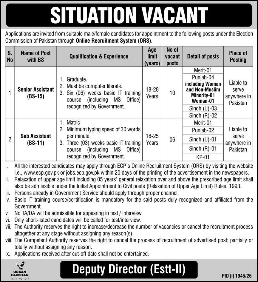 Election Commission of Pakistan Islamabad Jobs 2026 – Election Commission of Pakistan (ECP) Jobs 2026 — original newspaper advertisement