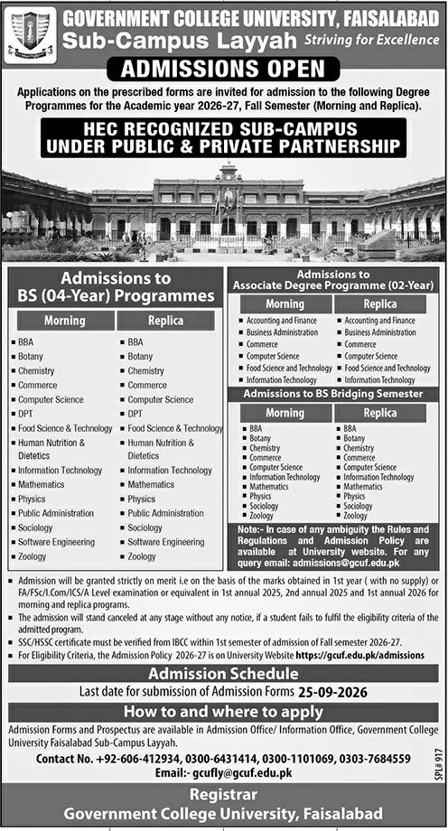 Admissions Open - Government College University, Faisalabad, Sub-Campus Layyah Admissions 2026 — original newspaper advertisement