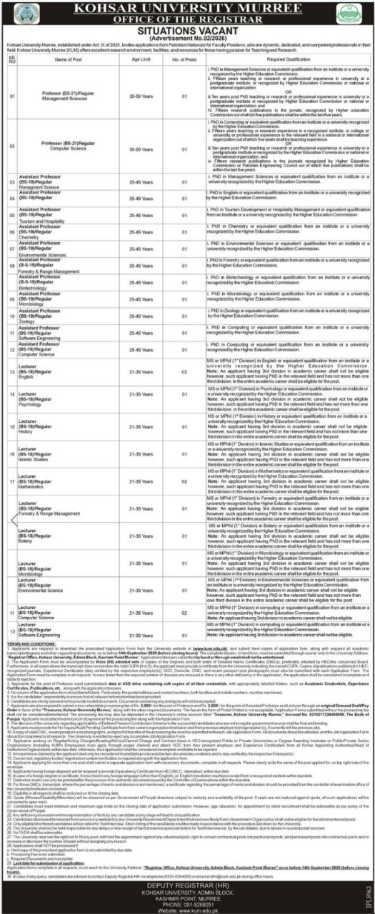 Kohsar University Murree Punjab Jobs 2026 – Kohsar University Murree, Office of the Registrar Jobs 2026 — original newspaper advertisement