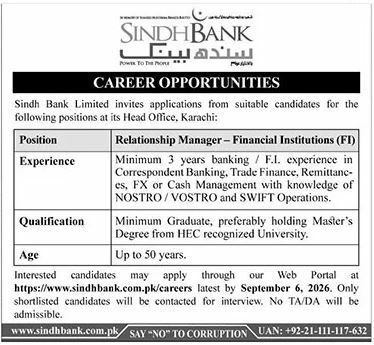 Sindh Bank Limited Jobs 2026 Jobs 2026 — original newspaper advertisement