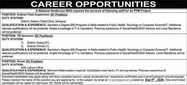National Healthcare NGO (ASD) Jobs 2026 – A National Healthcare NGO (ASD) - PPM Project Jobs 2026 — original newspaper advertisement