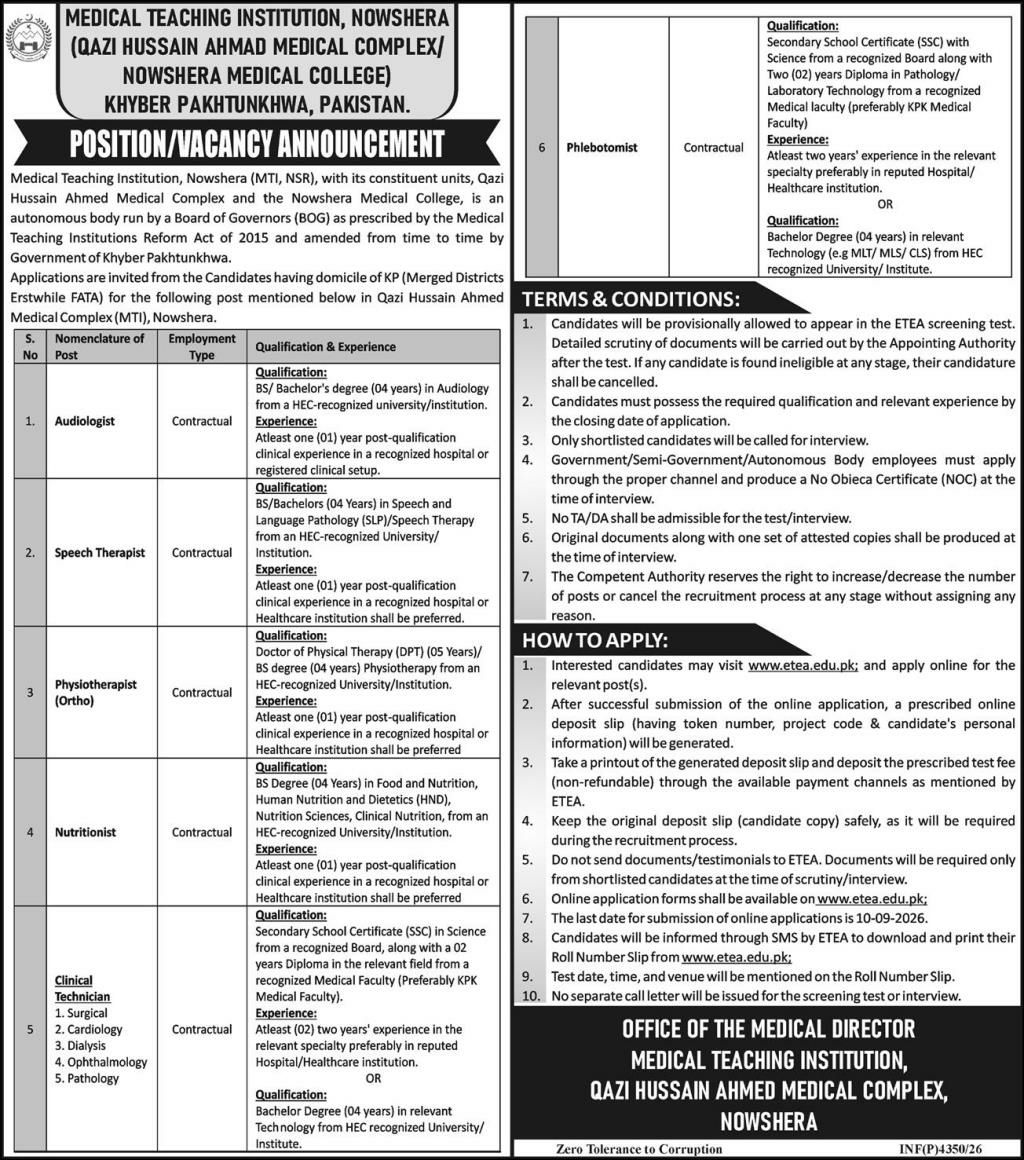 Medical Teaching Institution, Nowshera (Qazi Hussain Ahmad Medical Complex / Nowshera Medical College), Khyber Pakhtunkhwa Jobs 2026 – Medical Teaching Institution, Nowshera (Qazi Hussain Ahmad Medical Complex / Nowshera Medical College), Khyber Pakhtunkhwa, Pakistan Jobs 2026 — original newspaper advertisement