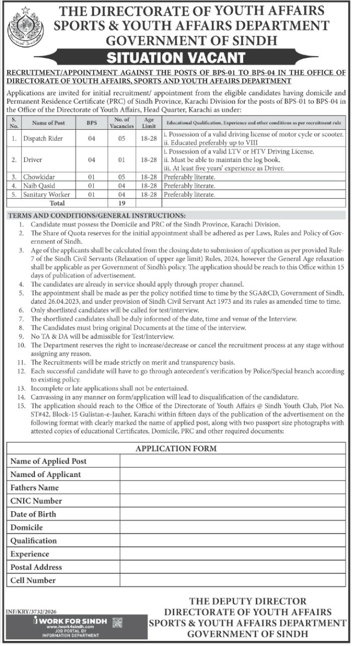 Directorate of Youth Affairs, Sports and Youth Affairs Department Jobs 2026 – Directorate of Youth Affairs, Sports & Youth Affairs Department, Government of Sindh Jobs 2026 — original newspaper advertisement