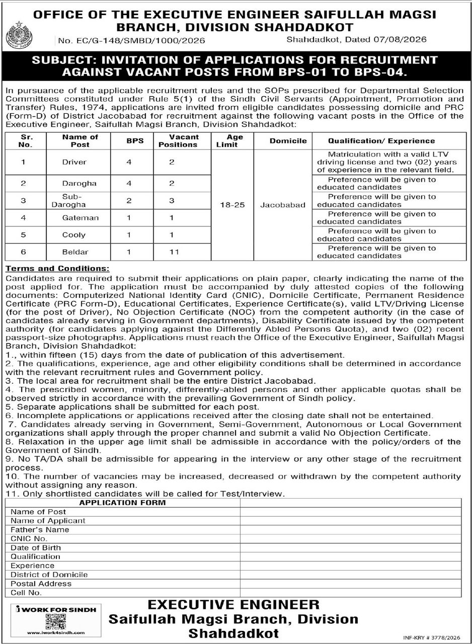 Office of the Executive Engineer, Saifullah Magsi Branch, Division Shahdadkot Jobs Jobs 2026 — original newspaper advertisement