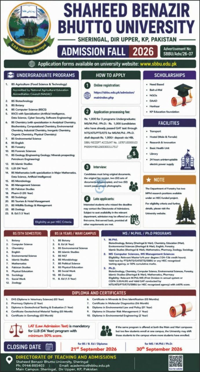 Shaheed Benazir Bhutto University, Sheringal Admission Fall 2026 Admissions 2026 — original newspaper advertisement