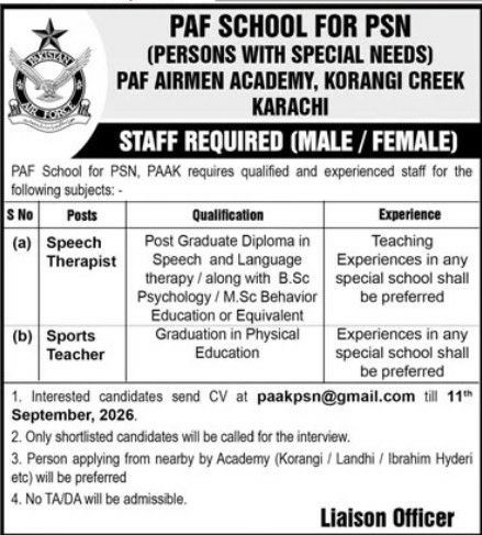PAF School for PSN (Persons with Special Needs), PAF Airmen Academy, Korangi Creek, Karachi Job 2026 Jobs 2026 — original newspaper advertisement