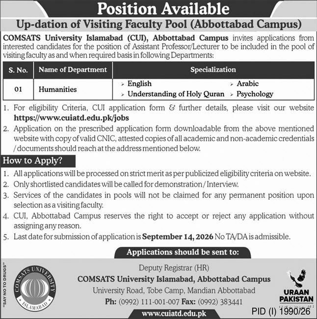 COMSATS University Islamabad (CUI), Abbottabad Campus Jobs 2026 Jobs 2026 — original newspaper advertisement