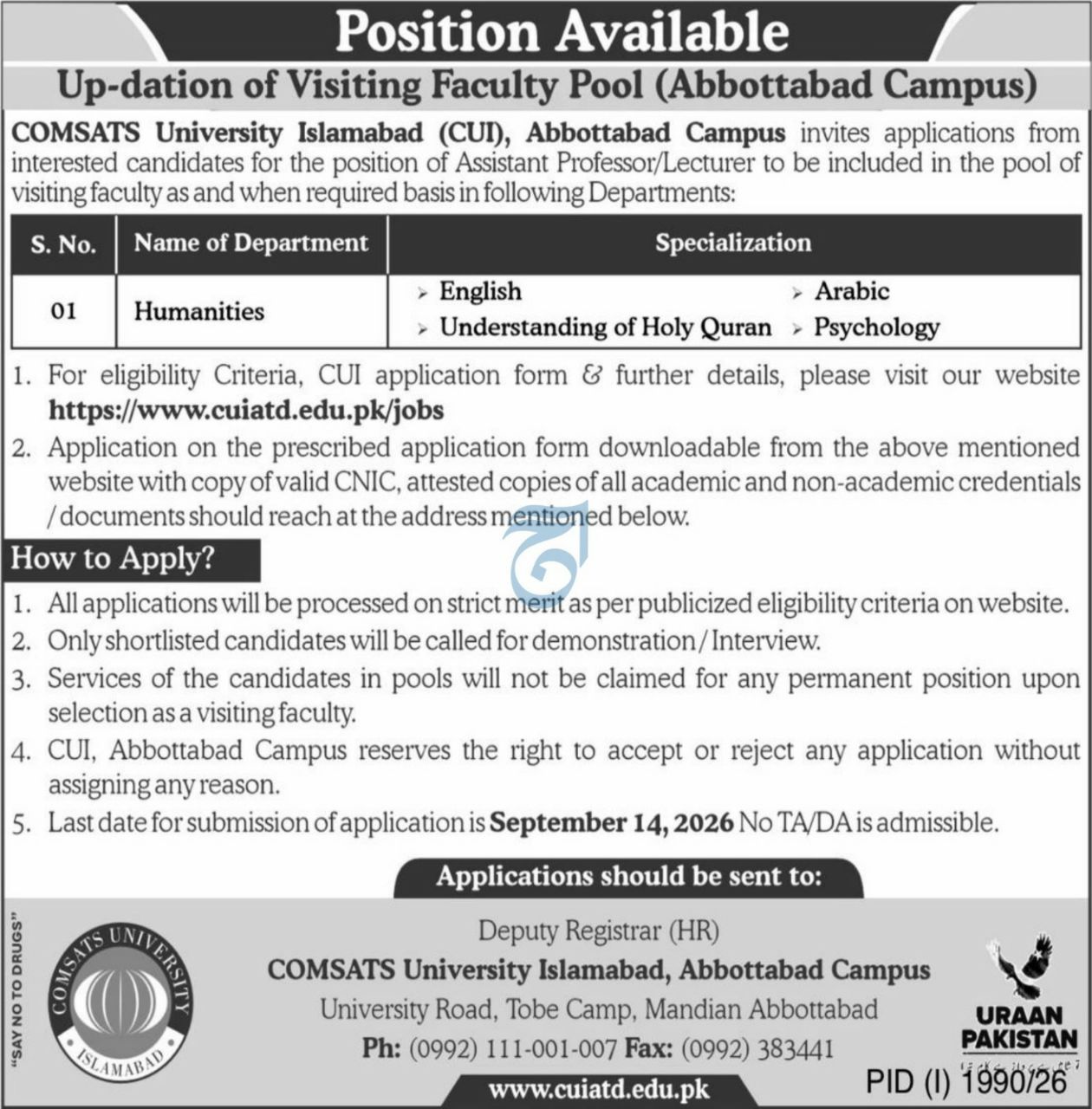 COMSATS University Islamabad (CUI), Abbottabad Campus Jobs 2026 Jobs 2026 — original newspaper advertisement