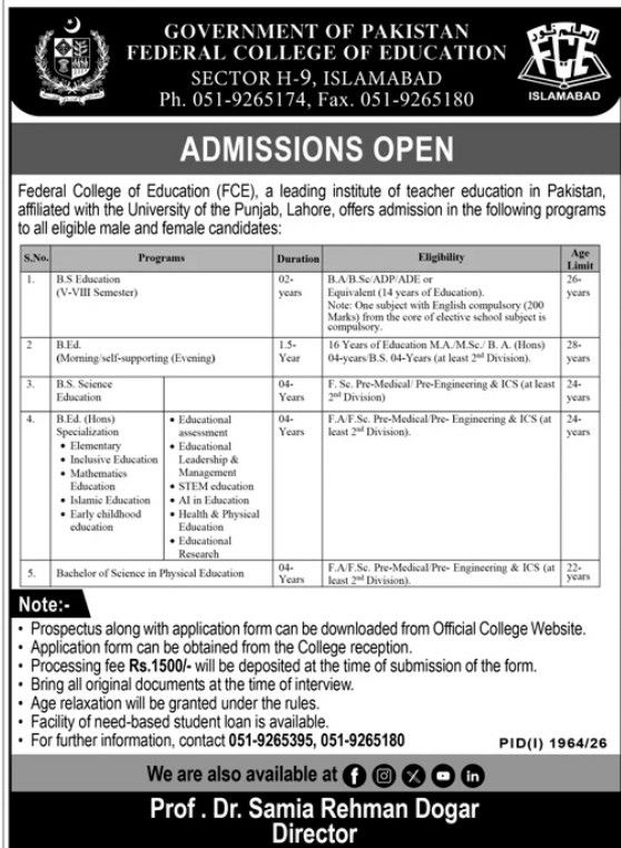 Admissions Open Government of Pakistan, Federal College of Education (FCE) Admissions 2026 — original newspaper advertisement